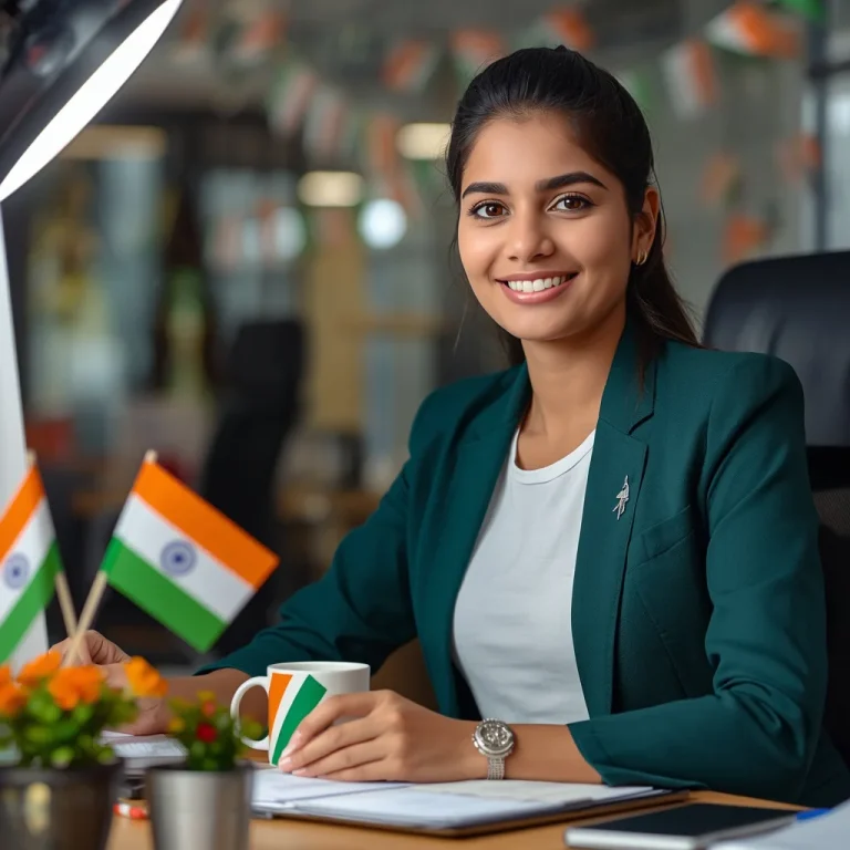 Cheerful Female Professional Celebrating Independence Day At Desk | desh bhakti ai prompt