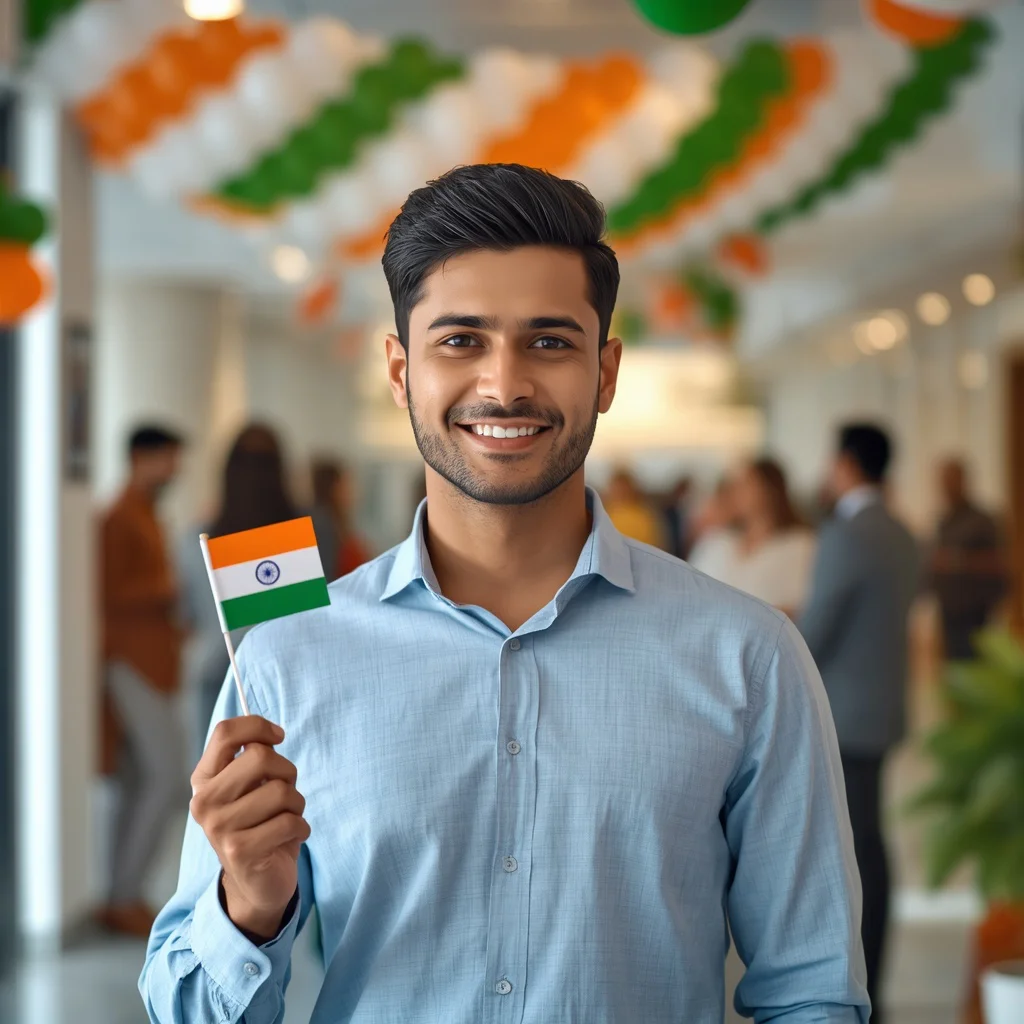 Corporate employee celebrating Independence Day at work | trending 15 august prompt instagram