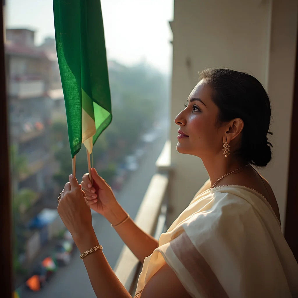 Graceful Indian Woman Hoisting National Flag At Home | desh bhakti ai prompt