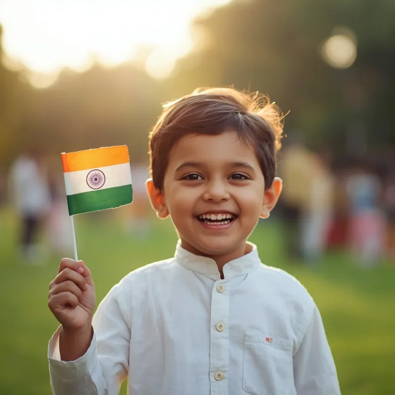 Happy young child holding a small tricolor flag happily | indian flag ai prompt