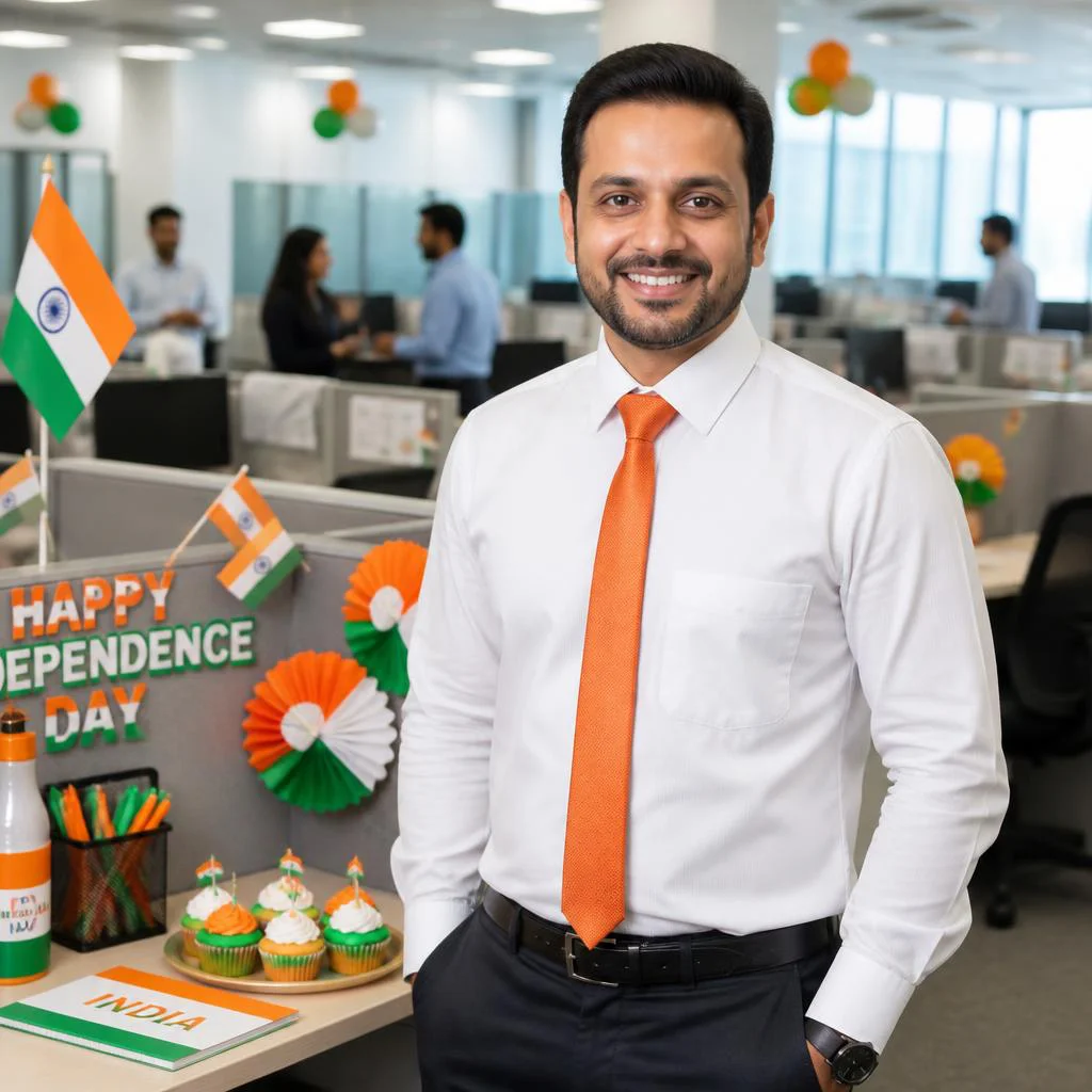 AI generated image for Hardworking office manager posing near colorful independence decor | indian independence day prompt for gemini