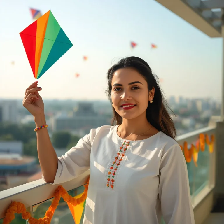 Indian Woman Flying Tricolor Kite On Balcony | trending 15 august prompt instagram