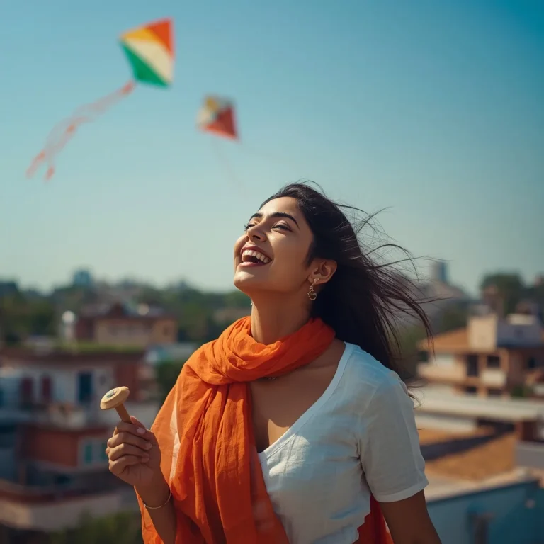 Joyful Indian woman flying tricolor kites on sunny rooftop | 15 august ai prompt
