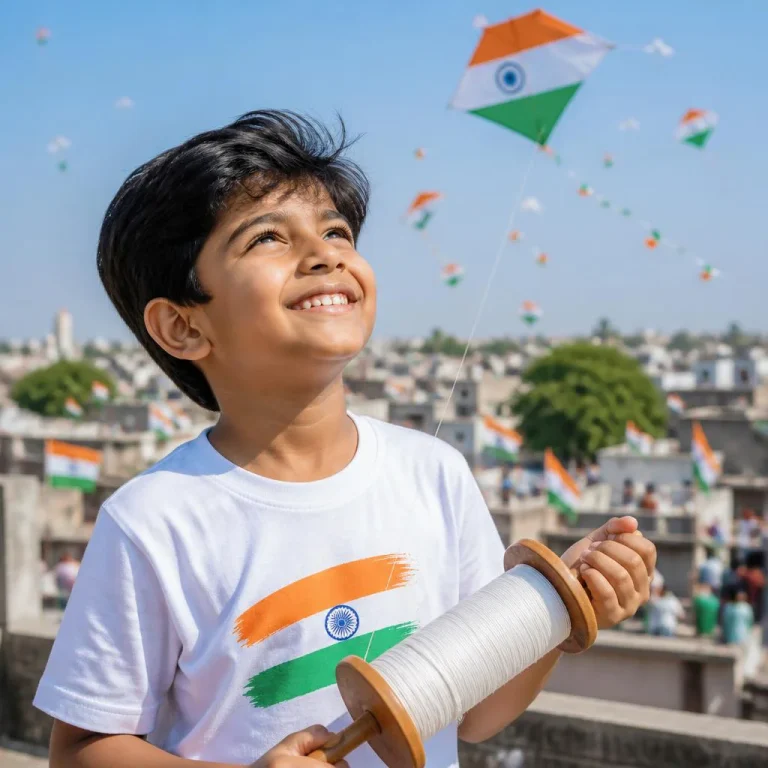 Joyful Young Indian Boy Flying Kites On Holiday | desh bhakti ai prompt