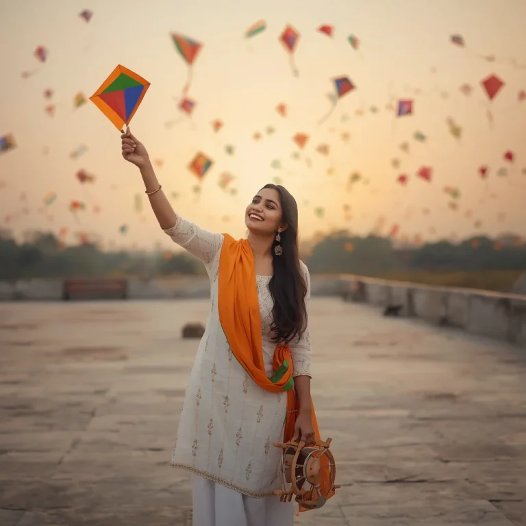 Joyful Young Woman Flying Colorful Kites During Independence Day | indian flag ai prompt
