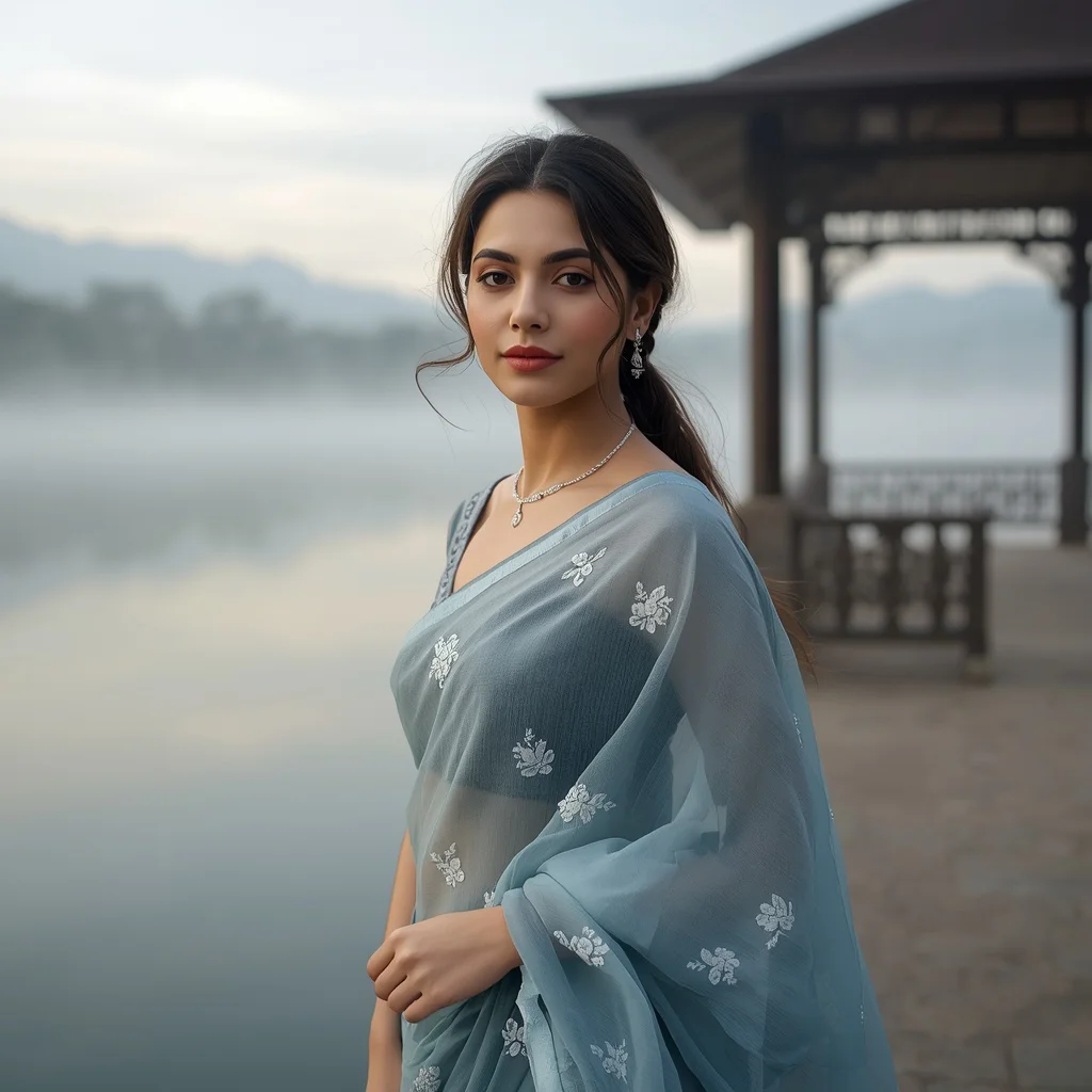 Lakeside Misty Saree Morning | Retro style prompt for gemini girl in saree in hindi
