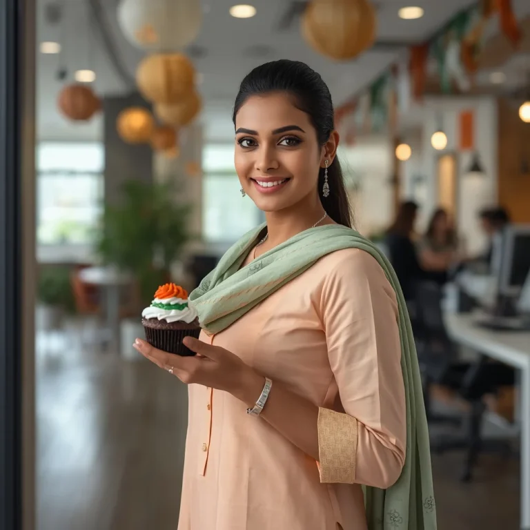 Modern corporate woman celebrating independence day at work desk | desh bhakti ai prompt