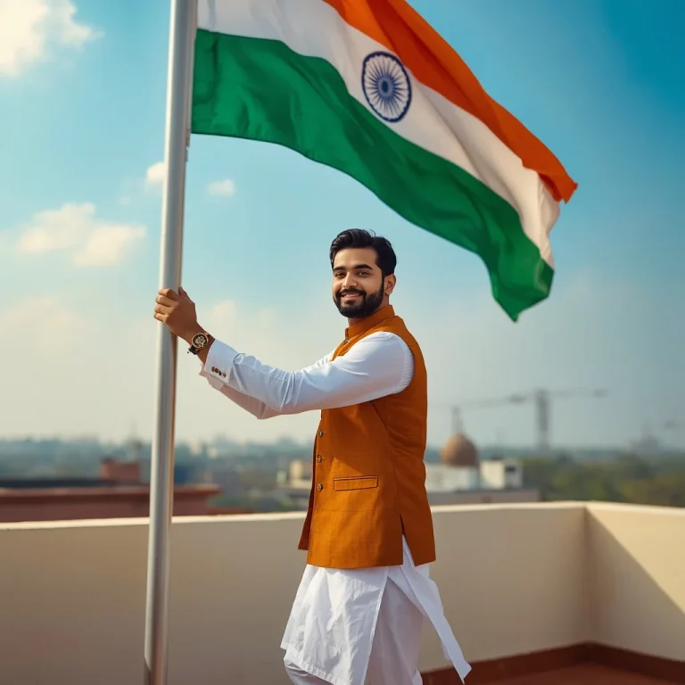 Proud Young Man Hoisting The Indian National Flag On Terrace | trending 15 august prompt instagram