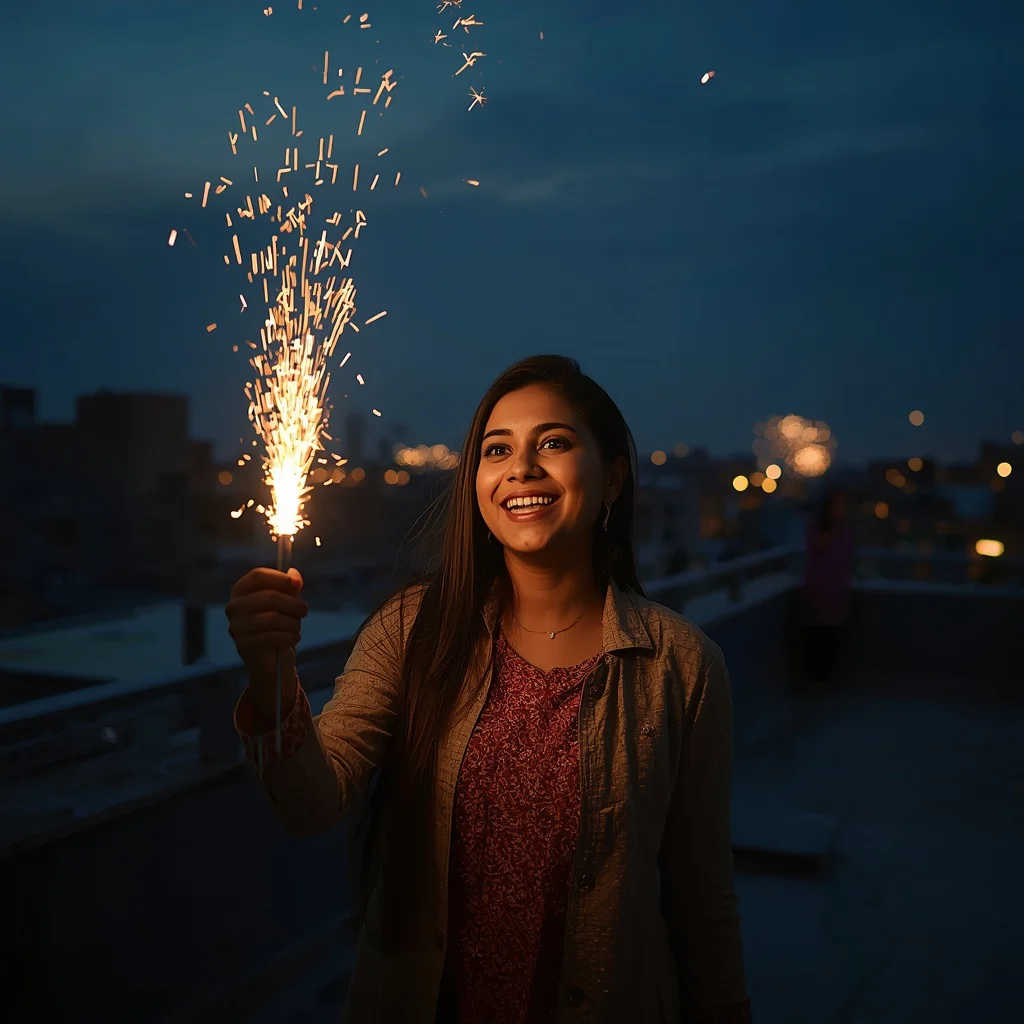 Rooftop Firework Sparkle | diwali crackers ai prompt