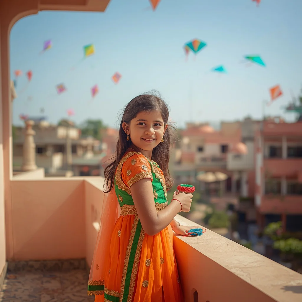 Sweet Indian Girl Flying Kites On Independence | indian independence day prompt for gemini