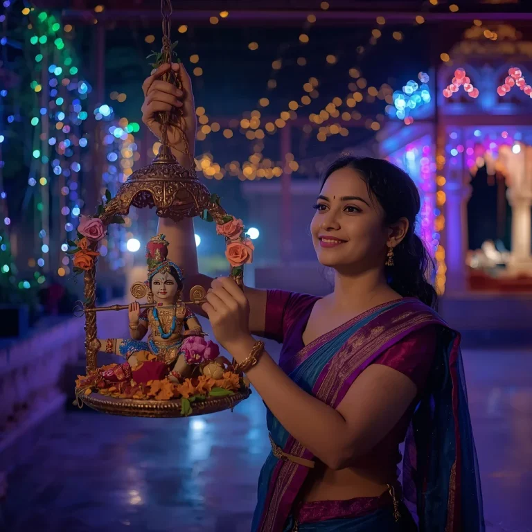 Woman Swings Krishna at Night | janmashtami festival prompt for gemini