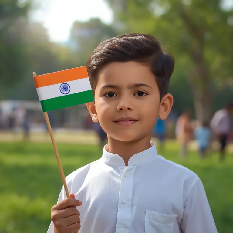 Young Boy Holding Small Flag In Park | indian flag ai prompt