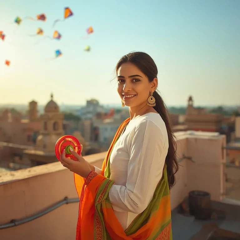 Young Indian Woman Flying Kites On Sunny Terrace | trending 15 august prompt instagram