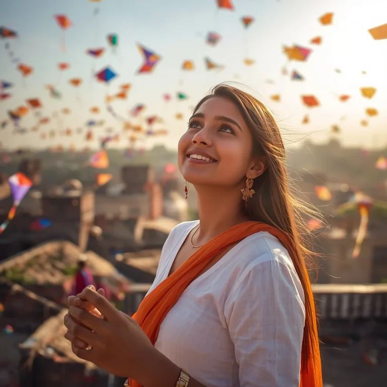 Young woman flying colorful kite on rooftop | happy independence day ai photo