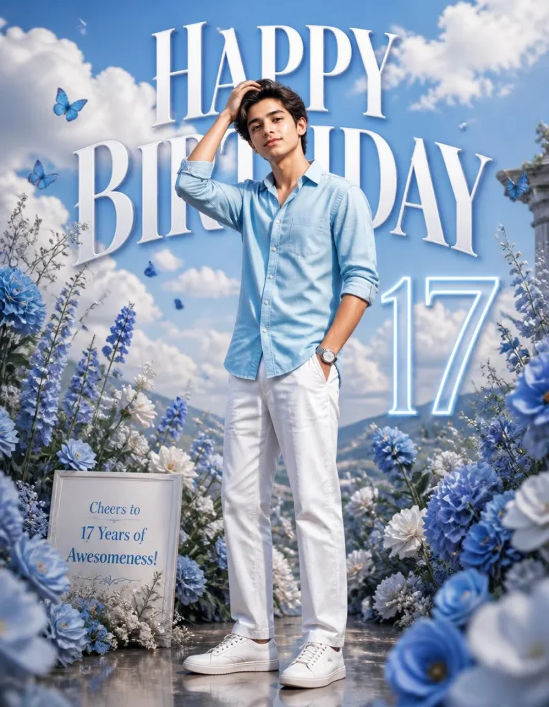 17th Birthday Blue Floral Poster