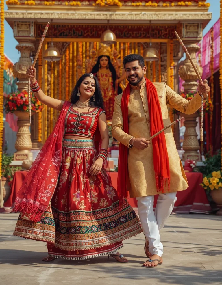 Couple Dandiya in Mid-Step