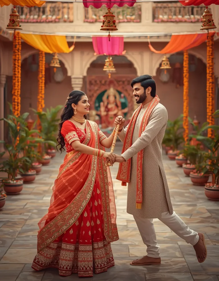 Couple Dandiya in Vibrant Courtyard