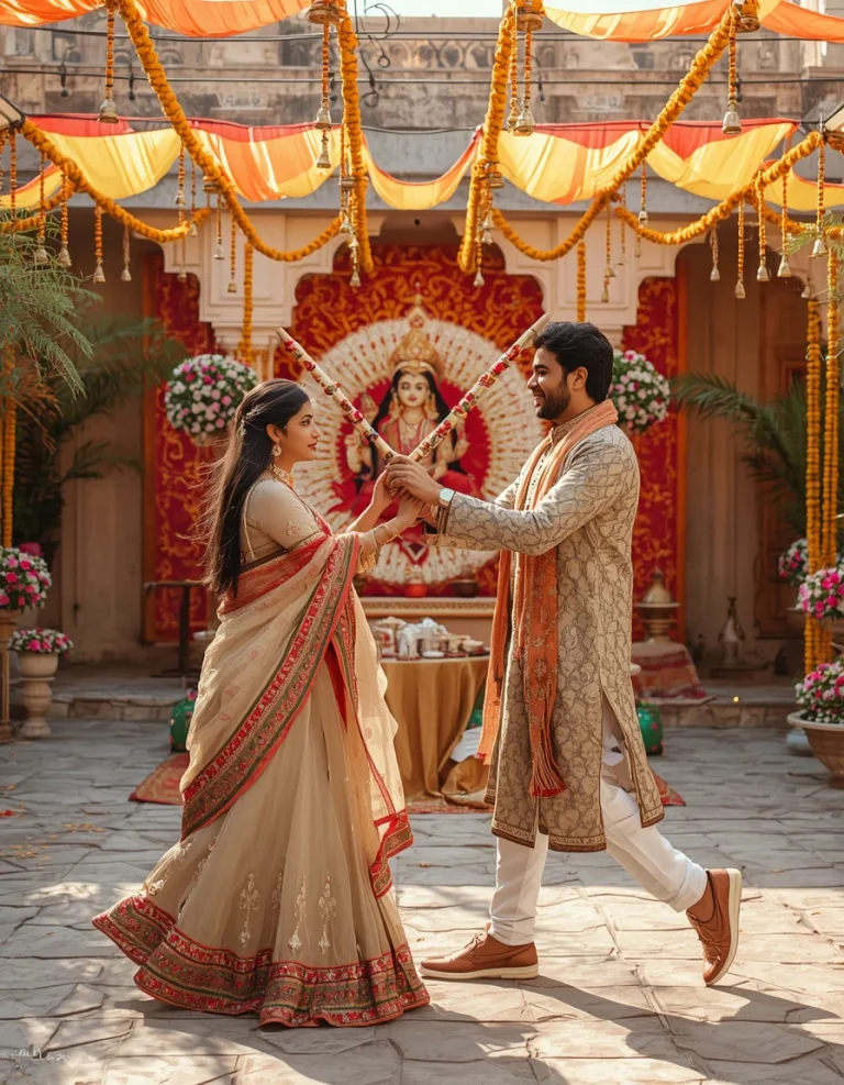 Dandiya Couple in Festive Courtyard