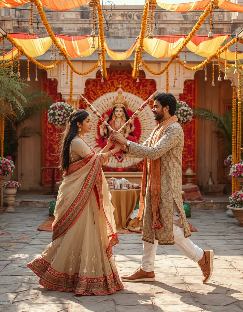 Dandiya Couple in Festive Courtyard