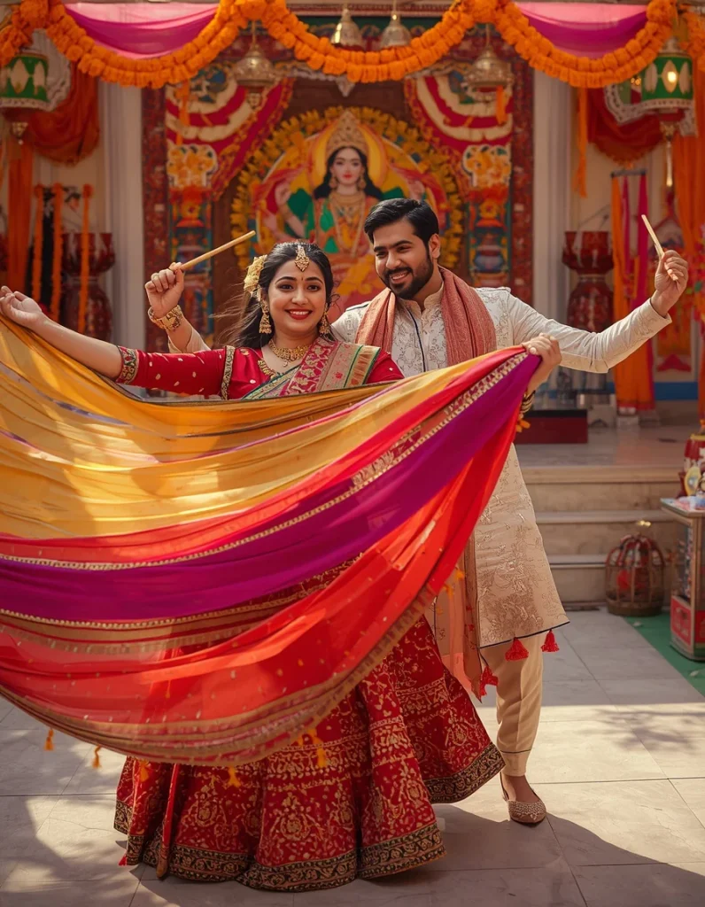 Dandiya Couple with Flowing Dupattas