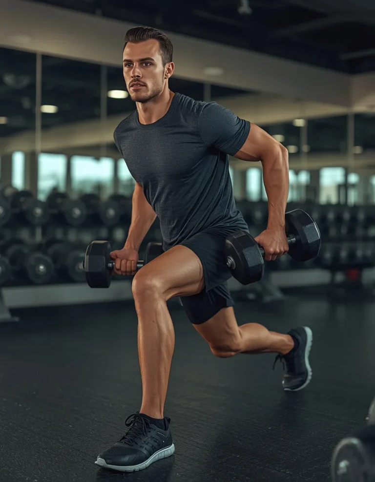 Young Man Doing Dumbbell Lunges