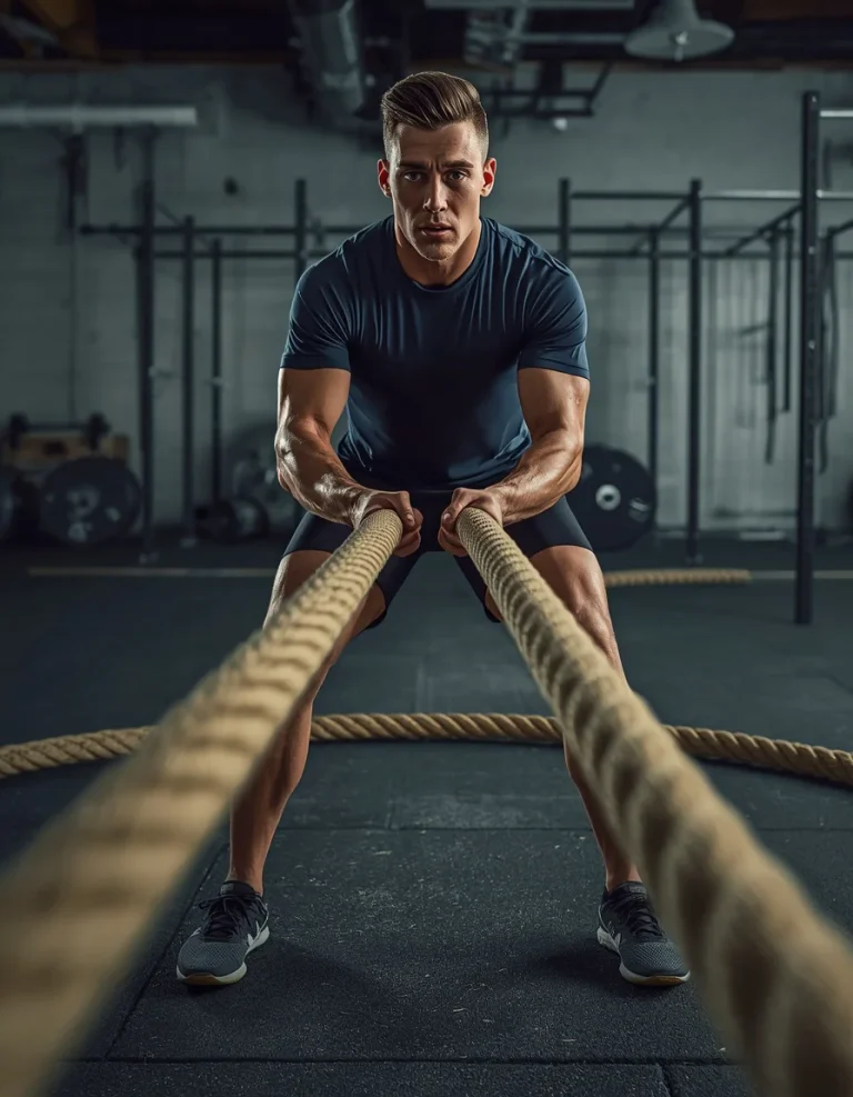 Young Man Training with Battle Ropes